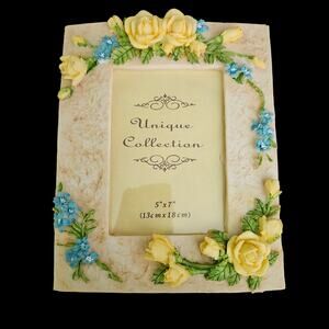 Vintage Floral Picture Frame Yellow Roses Blue Flowers 3.5x5 Resin